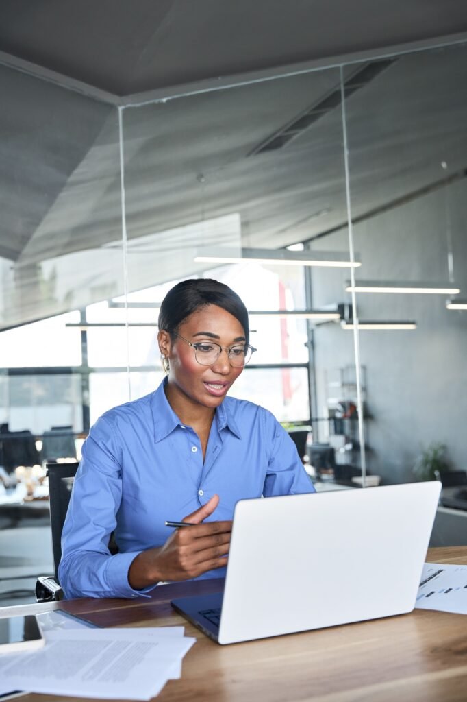 African professional business woman hr having job interview, consulting client.